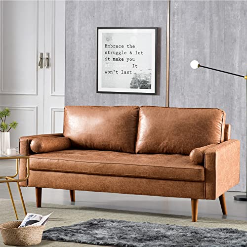 Xizzi Rivet Aiden Mid-Century Modern Faux Leather Loveseat Sofa With Wood Grain Legs For Living Room,69.68" W Brown #TOP6
