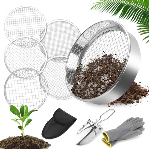CHRI 5 in1 Gartensieb aus Edelstahl, Kompostsieb Erdsieb 20 cm mit 5 Austauschbare Siebeinsätze Ø 3,6,9,10,12 mm Gartensieb Erde Durchwurfsieb für Erde, Kompost, Saatgut