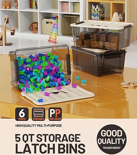 Image of WYT Small Clear 5-Quart Plastic Storage Container Bin with Khaki Secure Lid and Black Latch Buckles, Durable Stackable Nestable Organizin, 6-Pack