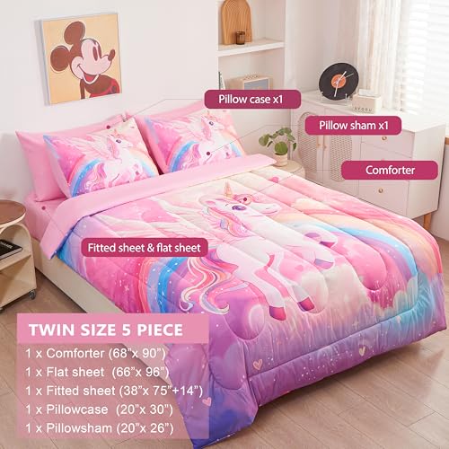 Image of Unicorn Bedding Twin Size for Girls 5 Piece,3D Colorful Pink Purple Unicorn Comforter Set for Girls, Ultra Soft and Fluffy, Rainbow Bed Set with Comforter Sheets Pillowcase & Sham