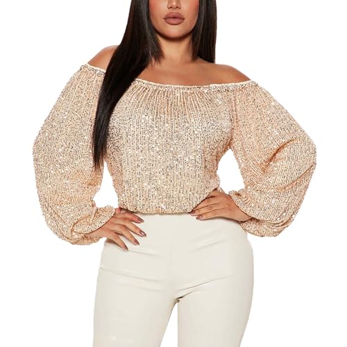 Christmas Party Tops for Women 2024 Dressy Off The Shoulder Shirts Sparkly Loose Fit Blouses Holiday Party Outfits Long Sleeve Sequin Top Sequin Sweaters for Women Beige at Amazon Women's Clothing store