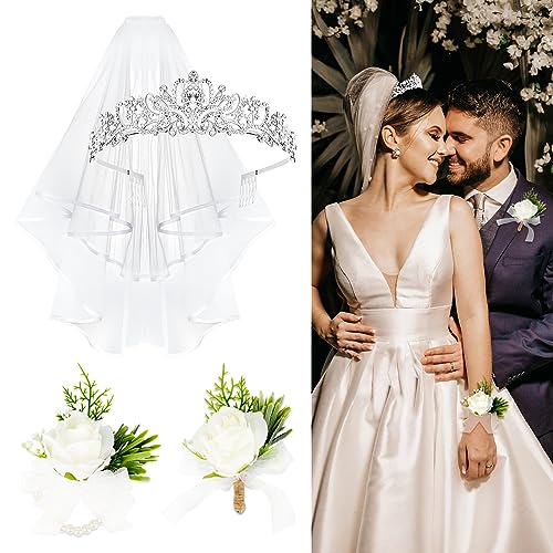 CIEHER Silver Wedding Tiara + Bride Veil + Pearl Wrist Corsage and Men Boutonniere Set, Elegant Crystal Crown, Bridal Veil Wedding Flower Corsage Wristlet