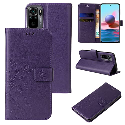 LBH Handy Hülle für Xiaomi Redmi Note 10 Hülle Handytasche Schmetterling Blumen Flower Standfunktion Schutzhülle Magnet R&um Schutz 360 Grad Flipcase Cover Violett