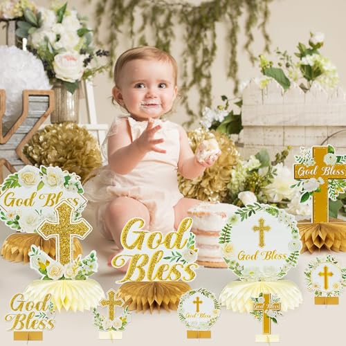 Image of ANGOLIO White Gold Floral Honeycomb Centerpieces - 12Pcs Cross Rose Greenery God Bless Baptism Party Decoration Baby Shower First Communion Birthday Party Supplies for Boy Girl 3D Wedding Table Topper