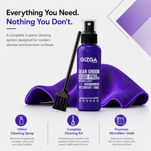 Image of Gizga Pro Series 3-in-1 Laptop Cleaning Kit | 100ml Screen Cleaner Spray, Microfiber Cloth & Cleaning Brush | Alcohol-Free Laptop Screen Cleaner for PC, Mobile, TV, Camera Lens, Tablet & Keyboard