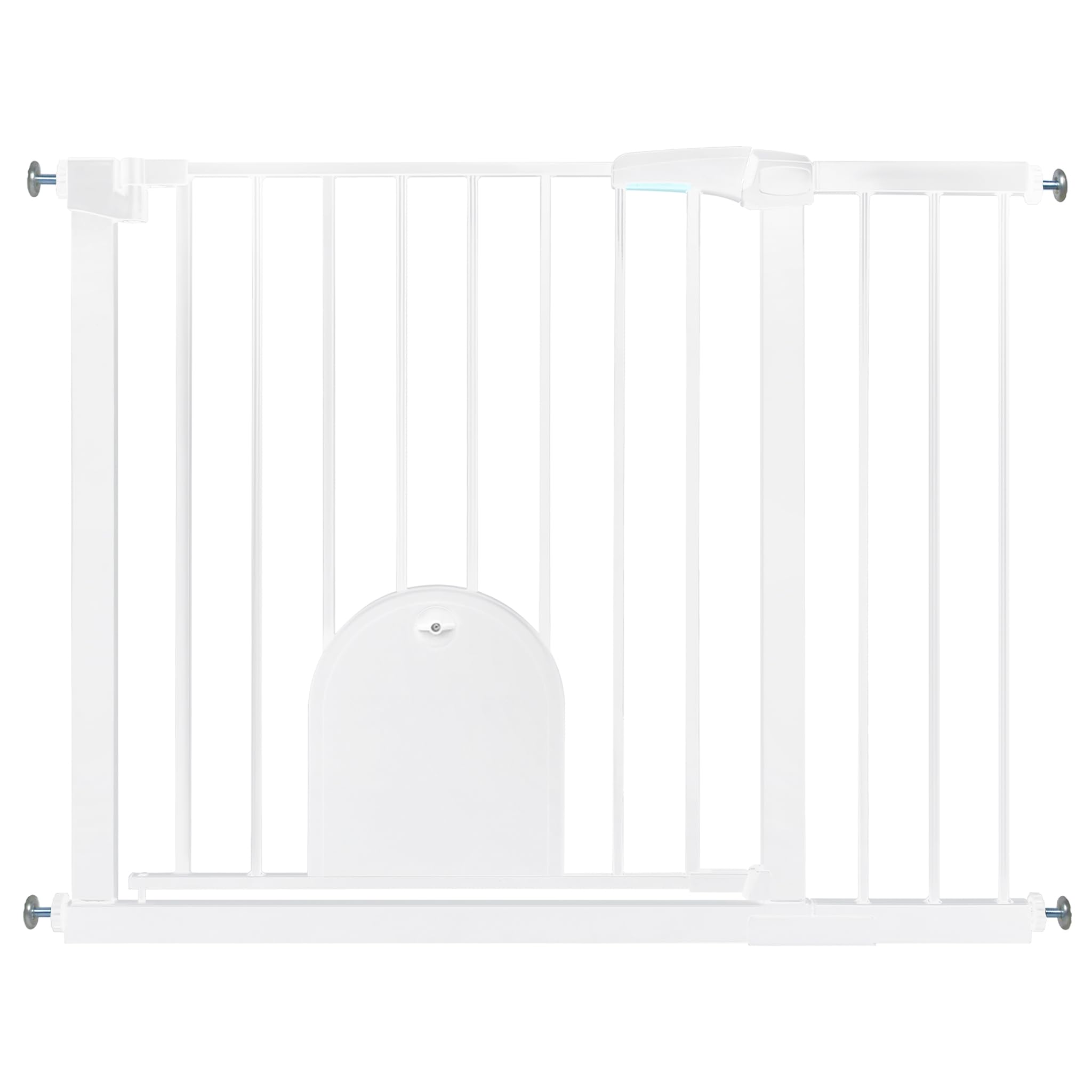 HENGMEI Rejilla protectora para escaleras, sin agujeros, 95-105 cm, cierre automático, puerta de metal para seguridad infantil, color blanco (con puerta para mascotas)