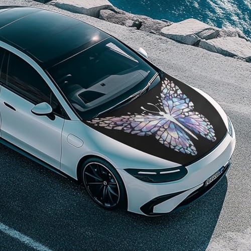 Image of Stained Glass Butterfly Car Hood Covers for Automobiles, Abstract Butterfly Pattern 3X5FT Stretchable Polyester Suitable for Most Vehicles Sedans Trucks