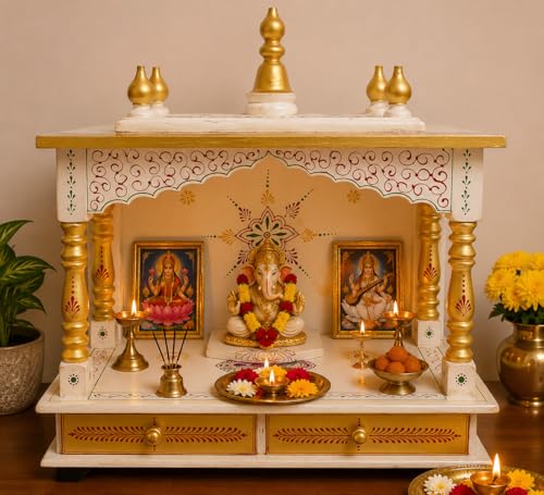 Image of Kamdhenu Art and Craft Wooden Temple /Home /Pooja Mandir /Mandap (Gold), 61 cm