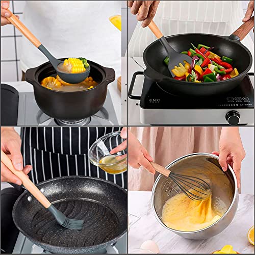 Conjunto de utensílios de silicone antiaderentes com cabos de madeira – Conjunto de utensílios de co
