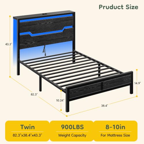 Image of Homkdom Twin Metal Bed Frame with LED Storage Headboard & USB Ports Black | Underbed Space for Robot Vacuum, Noise-Free Quiet Sleep Setup for Teens Room, College Dorms & Small Studio Apartments