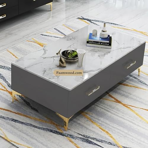 Image of Furo Premium Marble-Top Wooden Center Table for Living Room | PVD Coating Iron Legs| Modern Entryway Furniture | Coffee Table - 42x24x17 Inch (Grey)