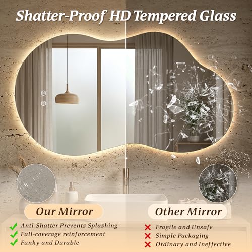 Image of Irregular LED Mirror with Lights 40x24 Inch Backlit Asymmetrical Bathroom Mirrors for Wall Cloud Lighted Vanity Mirrors Shatterproof, Anti-Fog, Dimmable, 3 Colors (Horizontal /Vertical)