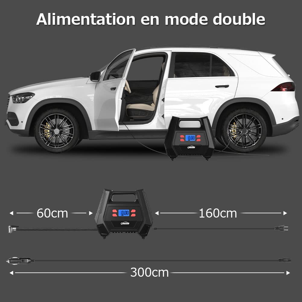 Oasser Compresseur Voiture Compresseur à Air Portatif 12v 220V Gonfleur Pneus Voiture AC/DC Double Alimentation Maison ou Allume-Cigare 150PSI pour Voitures Motos Vélos Balles