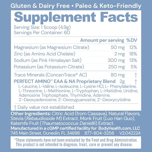 Image of BodyHealth PerfectAmino Electrolytes Powder No Sugar, Hydration Fasting Keto Zero Sugar Electrolytes Drink Mix with Trace Minerals - Passion Fruit - 60 Servings