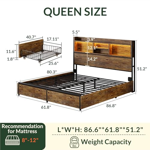 LARMACE Queen Size Bed Frame with 6 Storage Drawers and Headboard Wooden Platform Bed Frame with LED Lights and Charging Station Easy Assembly/No Box Spring Needed/Vintage Brown - Image 3