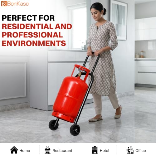 Image of Bonkaso Gas Cylinder Trolley with Handle, Heavy-Duty Alloy Steel LPG Cylinder Hand Truck, 70 kg Load Capacity, 2 Fixed 100 mm PP Wheels, Powder-Coated Black for Home Kitchen Commercial Use