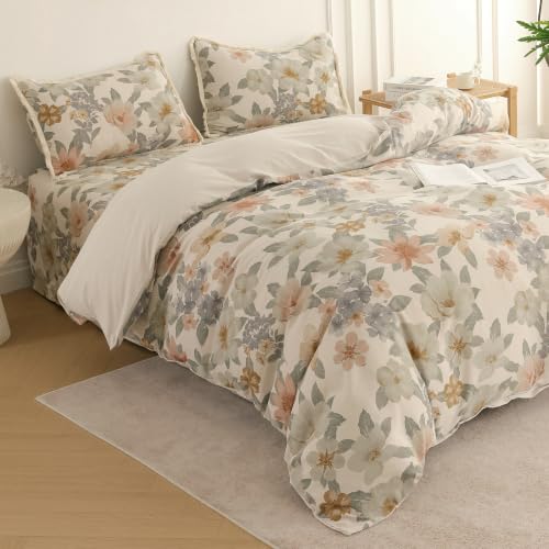 Image of Story@Home King Size Bedcover Set | 400 TC Microfiber Bedding Set with 1 Duvet Cover 1 King Bedsheet 270 x 250 cm & 2 Pillow Covers | Soft Durable Duvet Cover Set Floral Pattern | Beige Peach
