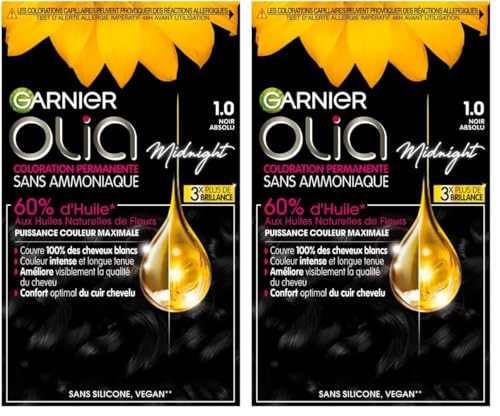 Garnier Coloration Permanente - Sans Ammoniaque - Aux Huiles Naturelles De Fleurs - Noir Absolu (1.0) - Olia (Lot de 2)