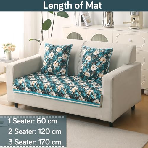 Image of HOKIPO 'Florentina Series' Foam Filled Premium Holland Velvet Sofa Cover Mat for 2 Seater Sofa with Anti-Slip Backing, Pansies Teal (IN-879-V5)