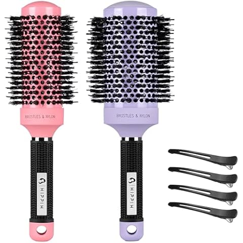 Round Brush for Blow out 2PCS, HIPPIH Thermal Hair Brush, Ceramic & Ionic Tech Hair Brushes for Women with Boar Bristle, Large Round Hairbrush for Curling, Styling & Add Volume (Barrel 2.1"&1.7") Cover