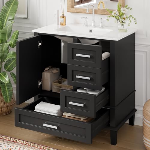 Mirightone 30' Bathroom Vanity with Sink, Bathroom Vanities 30 Inch with Top, Single Sink Bathroom Vanity with 3 Drawers and 1 Soft Closing Door, 30 Restroom Vanity with Cuntertop Sink (Black)