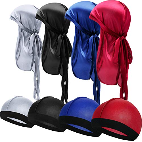 8 Pieces Silky Durag Caps Elastic Wave Cap Long Tail Headwraps Wide Straps Waves (Red, Grey, Black, Royal Blue)