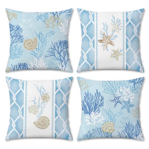 Bonhause Housse de Coussin Côtier 45 x 45 cm Océan Coquillage Étoile de mer Corail Été Bleu Décoratif Taie d'oreiller pour Canapé Salon Chambre Chaise...