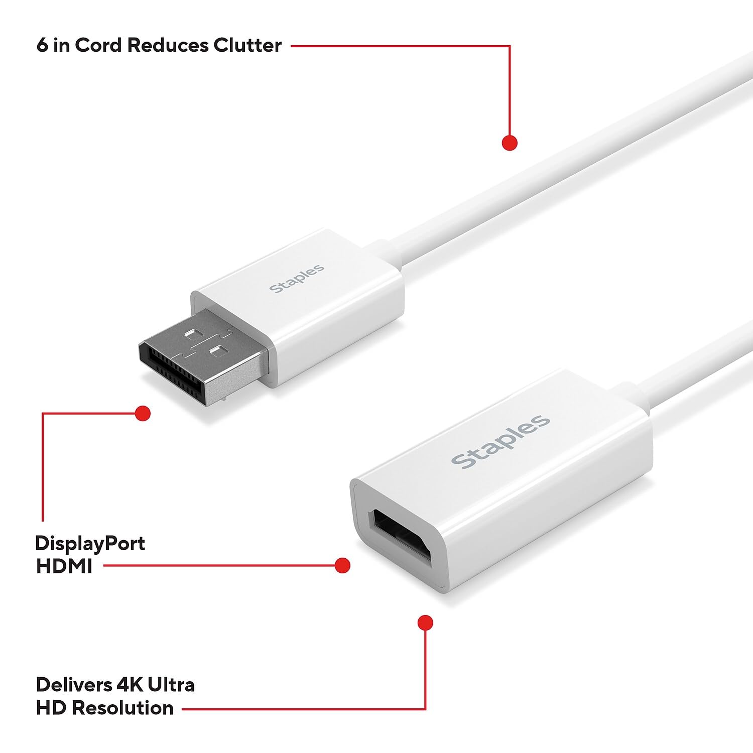 Staples Tech Adaptateur Audio/vidéo DisplayPort vers HDMI, mâle vers Femelle, Blanc (ST62362)