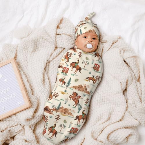 Image of Western Style Swaddle Blanket with Hat for Baby, Swaddling Sleeping Sacks Unisex Baby Stuff, Western