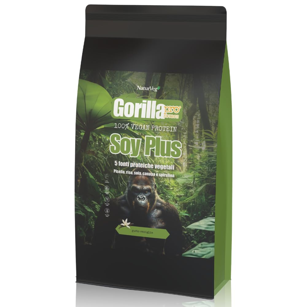 Naturveg® GORILLA PRO Soy Plus – Proteine in polvere Vegane Senza Glutine, da 1kg, proteine vegetali di riso canapa soia pisello, vitamine e Sali minerali (1Kg, Cioccolato)