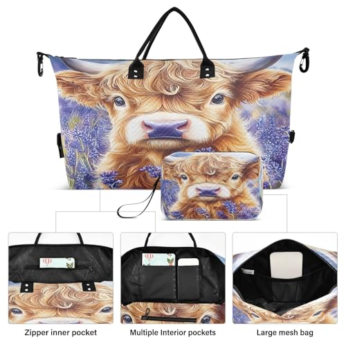 Weekender Bags Travel Duffel Gym Bag Bluebell Highland Cow Carry on Overnight Tote Bag with Toiletry Bag for Airplane Travel Trip Gym Yoga2