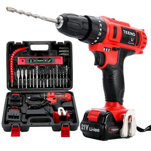 TEENO 21V Cordless Drill Driver Set 21V,Hammer Drill with 2 Lithium-Ion Batteries 1500mAh with Kitbox,18+3 Torque,32N.m Max,25 PCS Bits 2 Speed,LED Light,Impact Drill for Home Garden DIY.
