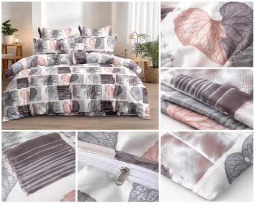 Image of Bedding Set Combo of Double Bed Duvet Cover Set with Fitted Bedsheet & 2 Pillow Covers | 300 TC Cotton Fabric | Zipper Closure |All Round Elastic|Warm Stuff|SED 052|White Grey Patti