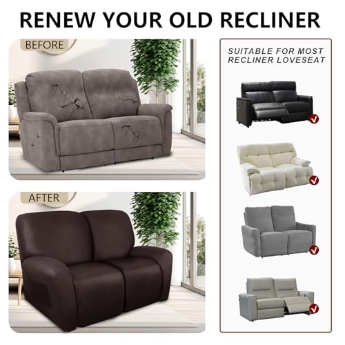 Image of ANARACHON Loveseat Recliner Cover Leather Look Recliner Loveseat Covers Recliner Sofa Cover for 2 Seater Reclining Couch Spandex Fabric Washable 6 Pieces (2 Seater, 01 Chocolate)