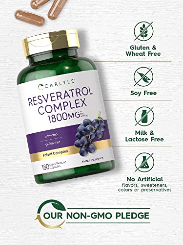 carlyle resveratrol supplement 1800mg  180 capsules  non-gmo amp gluten free  potent complex