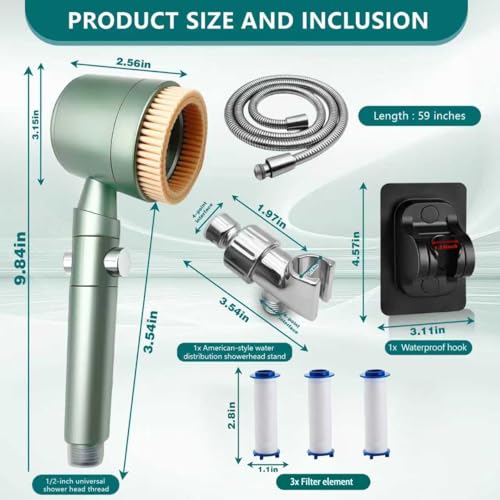 Regadera de mano turboalimentada con cepillo, 6 modos de pulverización, apagado con un toque, 3 cartuchos de filtro, manguera y soportes incluidos miniatura 7
