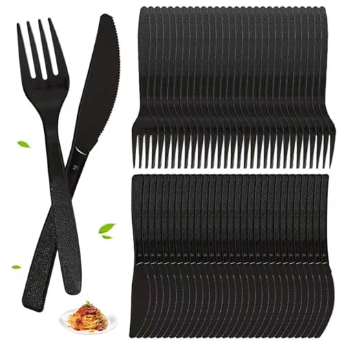 200 Stück Plastikbesteck, Plastik besteck set, 100 Plastik Messer 100 Plastikgabeln, Wiederverwendbar, Geeignet für Geburtstagsfeiern, Hochzeiten und Familienfeiern (schwarz)
