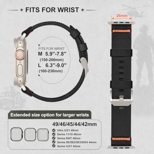 Image of Tactical Nylon Bands for Apple Watch Ultra 3 2 Band Series 11-1 /SE Men | Rugged Breathable Fabric, Nato Adjustable Sport Strap with Reinforced Connector for iWatch Ultra 49mm 46mm 45mm 44mm 42mm L