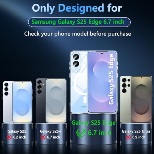 Image of OWKEY for Samsung Galaxy S25 Edge Case 6.7'', Magnetic S25 Edge Case for Magsafe with Tempered Glass Screen, [Shockproof Military] Transparent Back Slim Bumper Cover Phone Case Galaxy s25 Edge, Clear