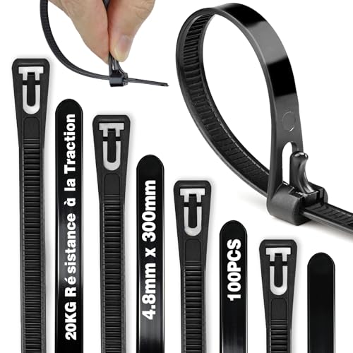 Serre Cable Serflex Noir Réutilisable,100Pièces 300mmx4,8mm Collier de Serrage, Attache Câble Durable Résistant au UV, Zip Ties Pour Cable Management,...