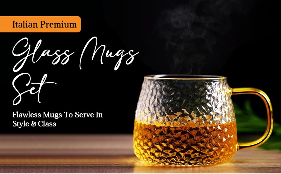 Image of ANKUL ANKULPremium Glass Coffee Mug Tea Cups Set of 6-410 ML, Transparent, Glass Cups Set for Coffee, Green Tea, Herbal Tea, Lemon Tea, Milk Cup, Hot /Cold Drinks Cups (Lemon Cup, 6)