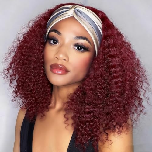 Image of XSY Headband Wig Human Hair Kinky Curly 99J Burgundy Headband Wigs for Black Women Deep Curly Human Hair Wigs None Lace Front Wig 150% Density 20 Inch
