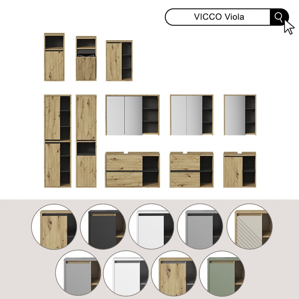 Vicco Zestaw mebli łazienkowych "Viola", Dąb artisan, 60 cm | składa się z szafki pod umywalkę, szafki z lustrem i słupka