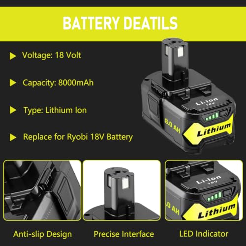 Image of Replacement for Ryobi 18V Battery: 8.0Ah Replace Compatible with Ryobi Lithium Battery P107 P108 Cordless Power Tools with LED Indicator Light 2 Pack