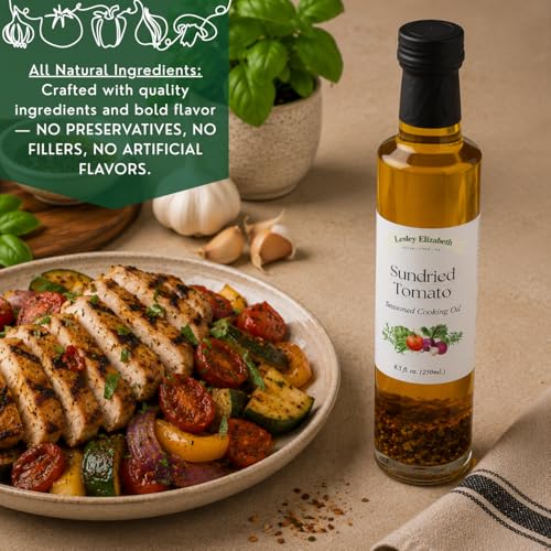 Image of Lesley Elizabeth Extra Virgin Olive Oil with Sundried Tomato & Garlic, 8.5 fl oz - Small-Batch Mediterranean-Style Infused EVOO for Drizzling, Dipping, Marinades & Everyday Cooking - All-Natural, Plant-Based Ingredients
