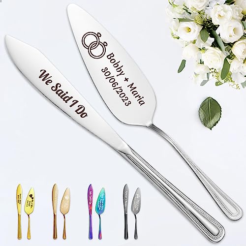 STREADVE Engraved Wedding Cake Knife and Server Set Personalized Cake Cutting Utensils for Bride Groom Custom Cutter Serving Quinceanera Birthday Gift, Silver