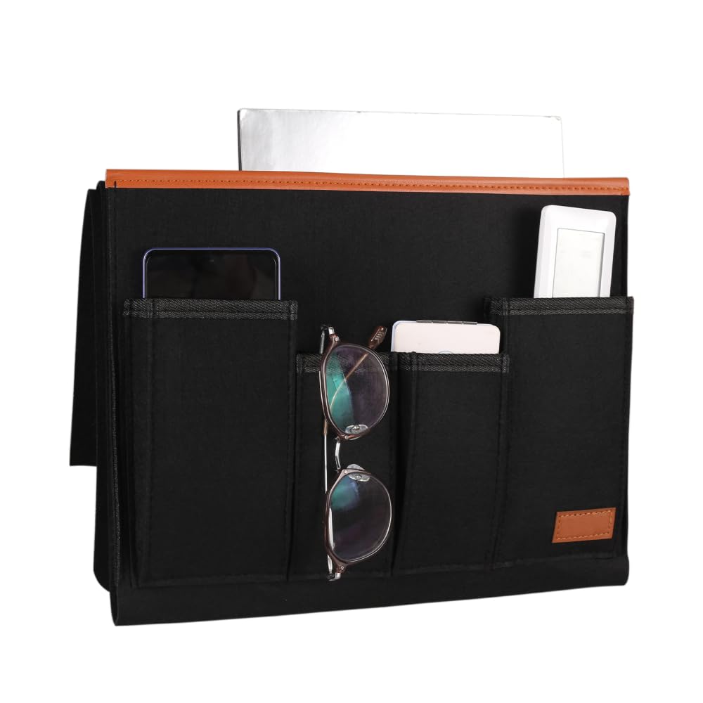 Dongker Black Sofa Armrest Organizer, Armrest Caddy Holder Multi-Pocket Design For Magazine Tablet Snacks Books Pen Phone Remote Control