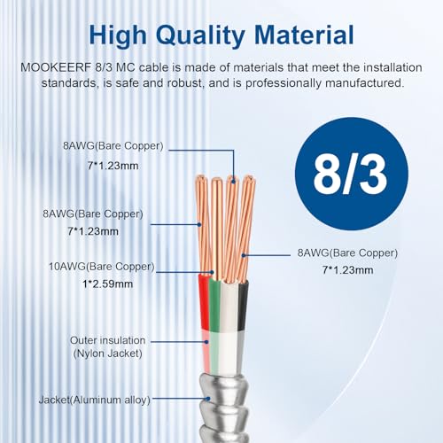 Image of MOOKEERF 8 /3 MC Cable with Ground - 75FT Pure Copper 8AWG /3 Metal Clad Wire with Aluminum Armor 8 Gauge 3 Conductor Type MC Alum Cable