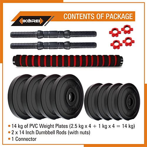 Image of Kore 3 In 1 Convertible 14 Kg Pvc Dumbbells Set, Black