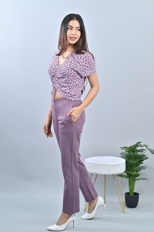 Image of Mlada Straight Fit Cigarette Pencil Pants Elastic Waist Band Mid High Waist Formal Office Trousers for Women, Pockets for Travel Stretch Cotton Knit Full Length Regular /Plus Size